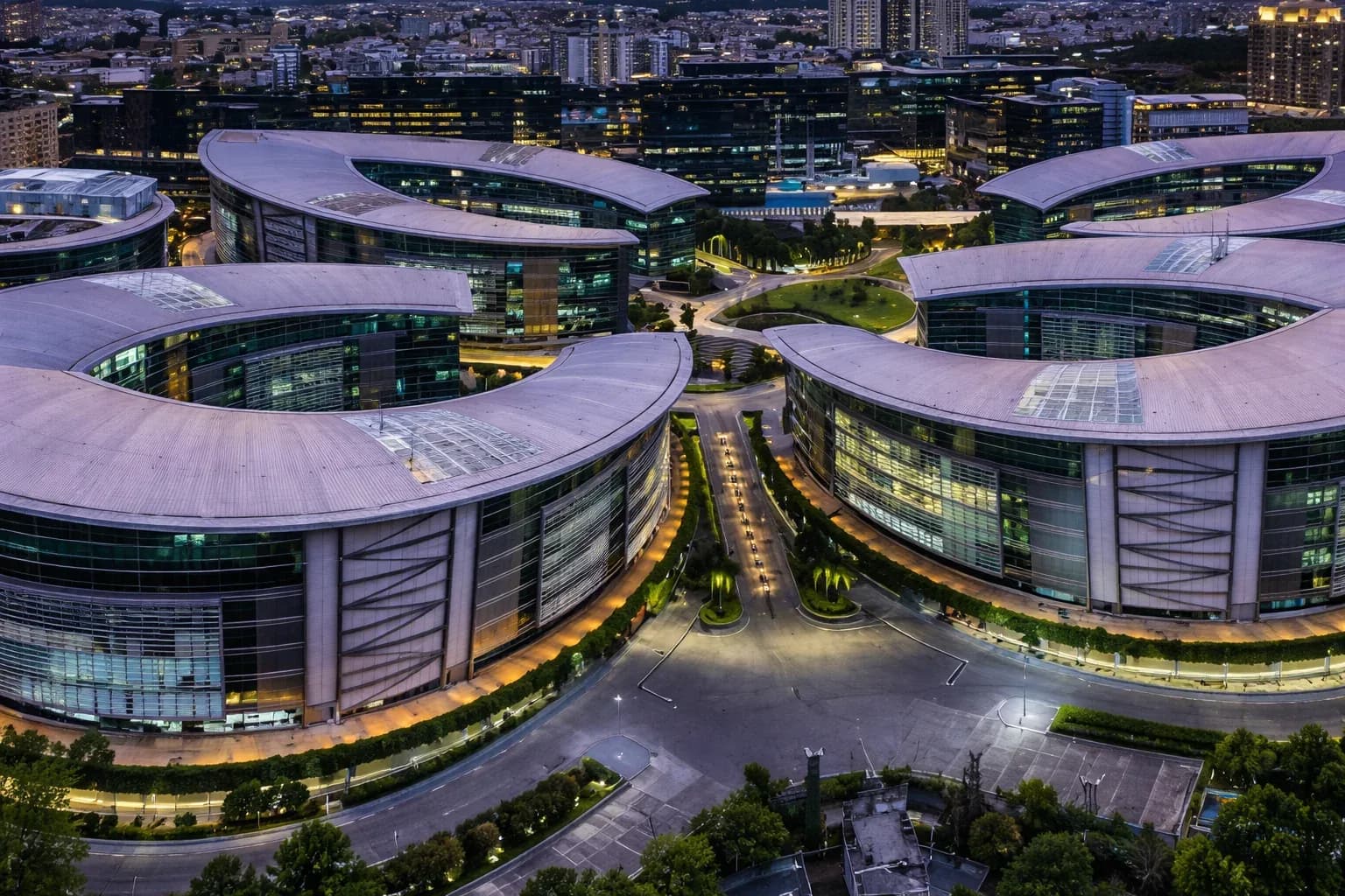 Aerial view of a modern technology park campus in Pune