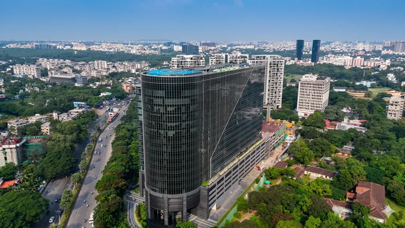 Aerial view of Pune business district with tech park and residential towers