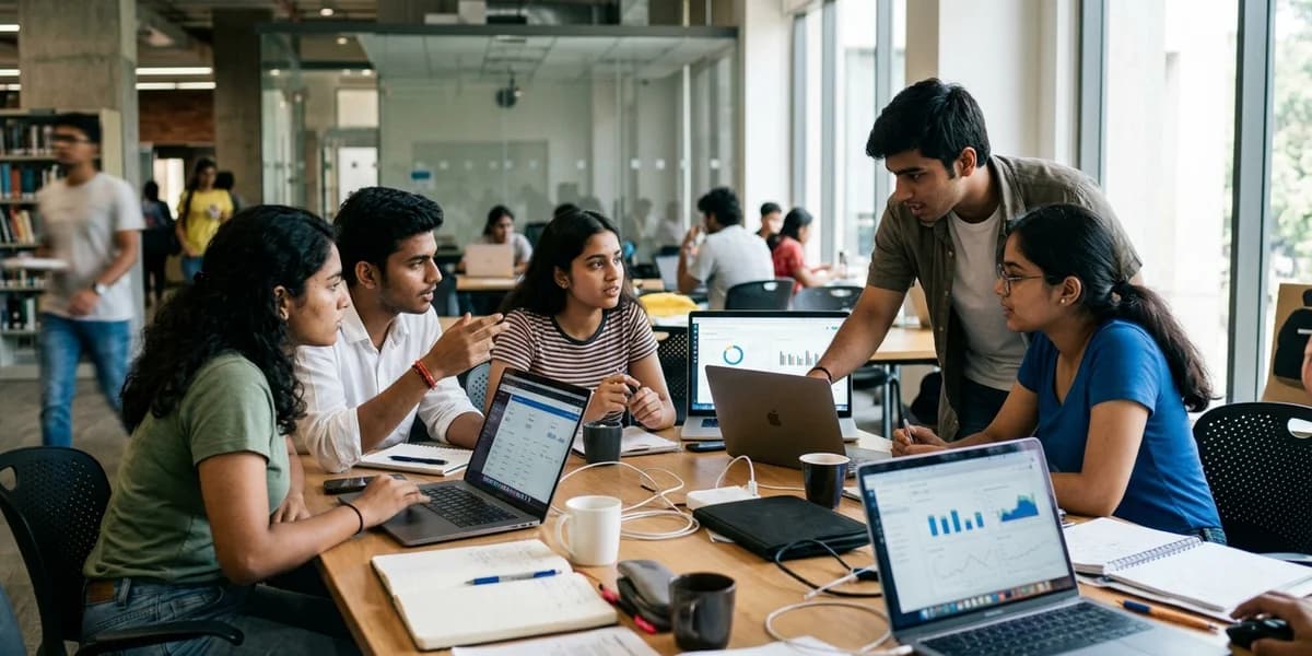 Stride students collaborating on AI-powered business projects with data dashboards on their laptops