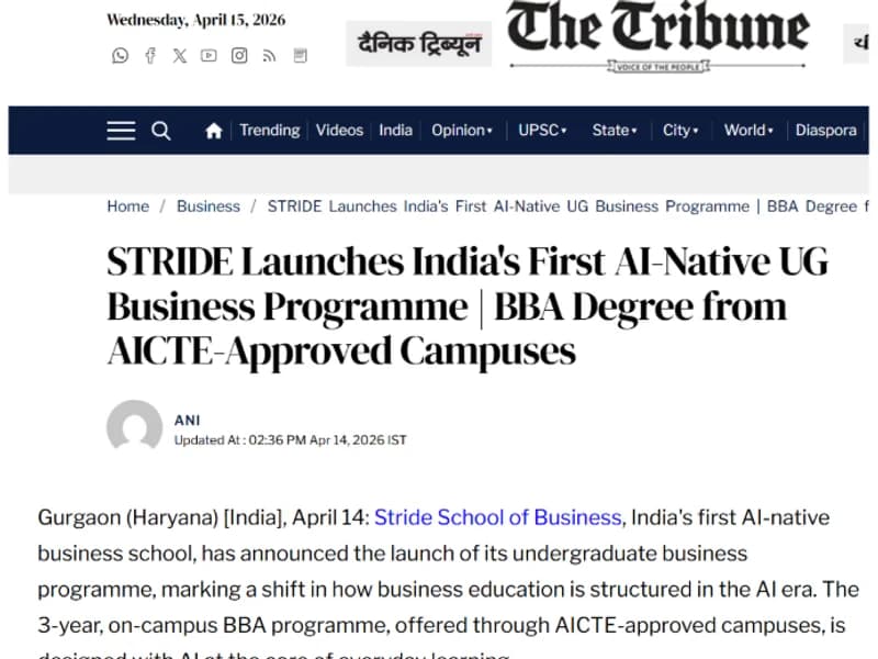 The Tribune article on Stride School of Business AI-native BBA programme